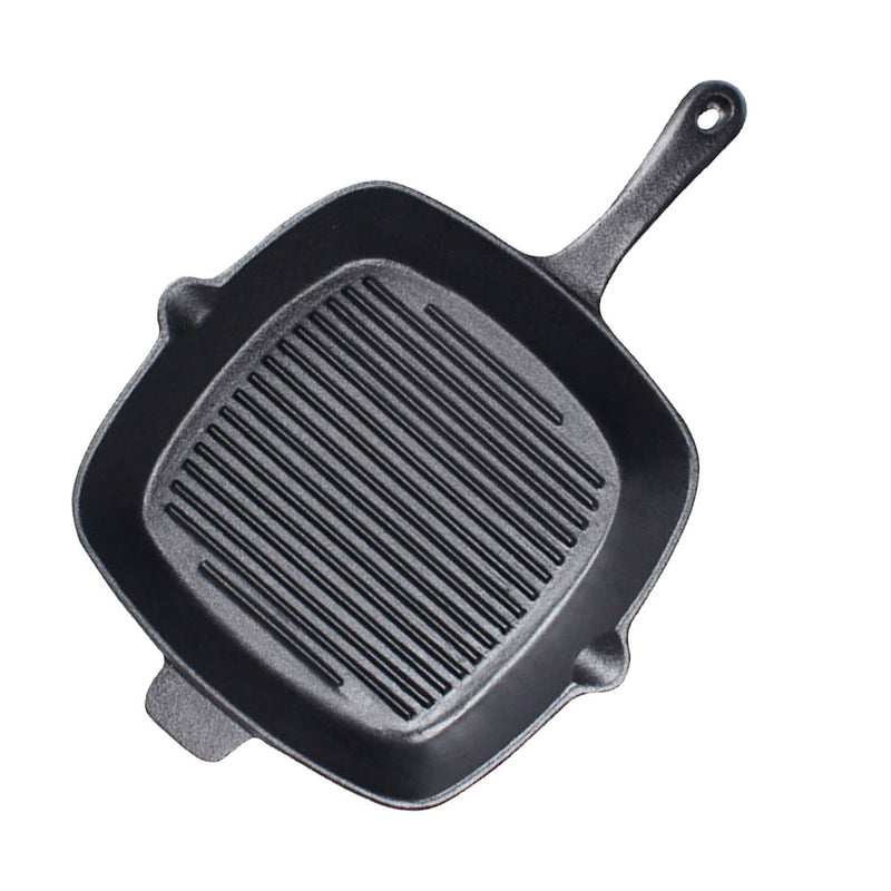 26cm Square Cast Iron Frying Pan Skillet Ribbed Sizzle Platter with Handle
