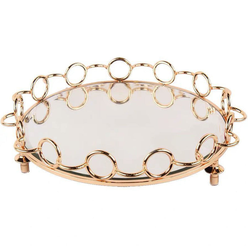 33cm Bronze Round Vanity Tray Glass Mirror Metal Wireframe Handles