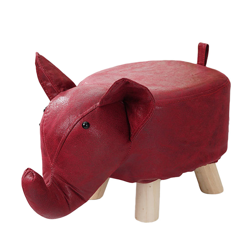 Red Children Round Ottoman Stool Elephant Character Pu Sponge Pine 28x26cm
