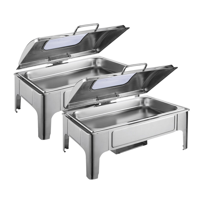 2X 9L Rectangular Stainless Steel Roll Top Chafing Dish With Glass Window Lid