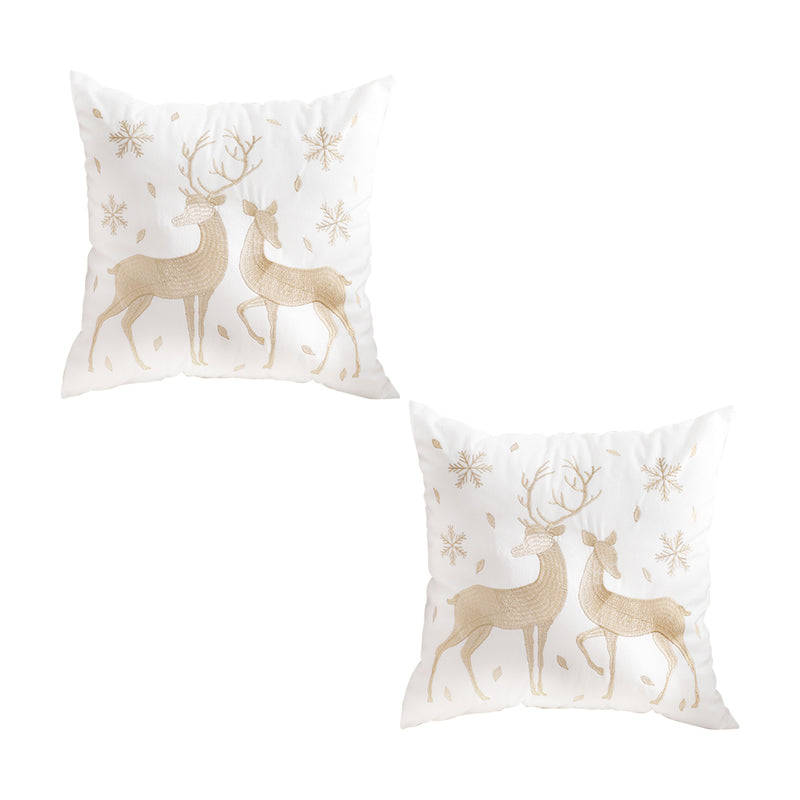 2X 45cm White Plush Throw Pillow Golden Reindeer Cozy Winter Christmas Decor