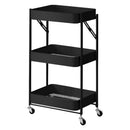 3 Tier Black Foldable Kitchen Cart Carbon Steel Storage Organizer With Wheels