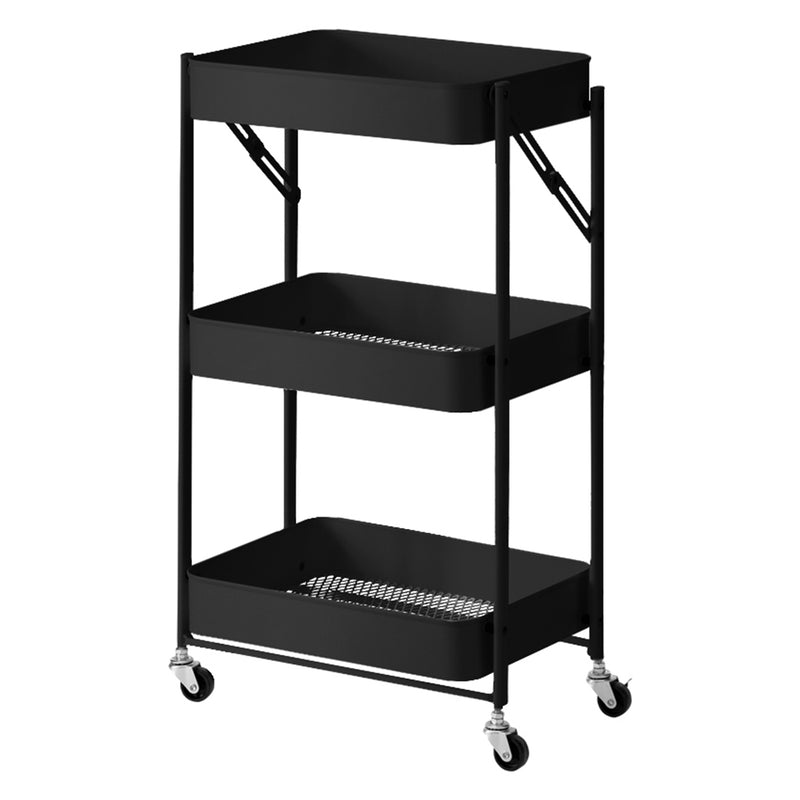 3 Tier Black Foldable Kitchen Cart Carbon Steel Storage Organizer With Wheels