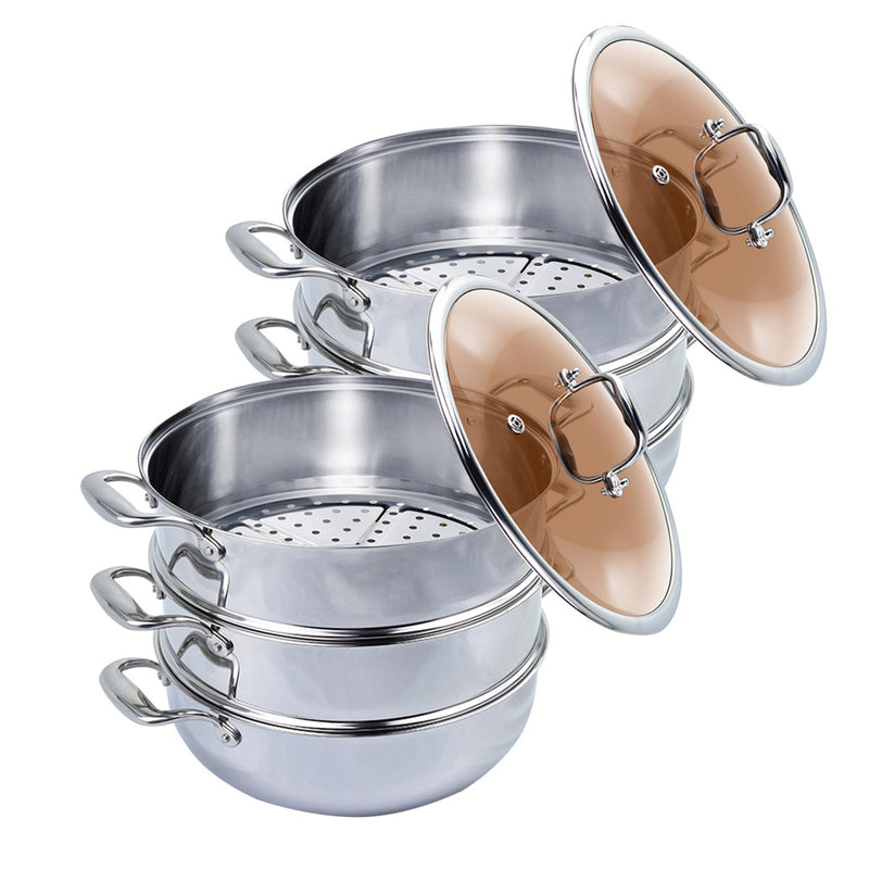 2X 3 Tier 28cm 18/10 Stainless Steel Food Steamer Induction Ready Glass Lid
