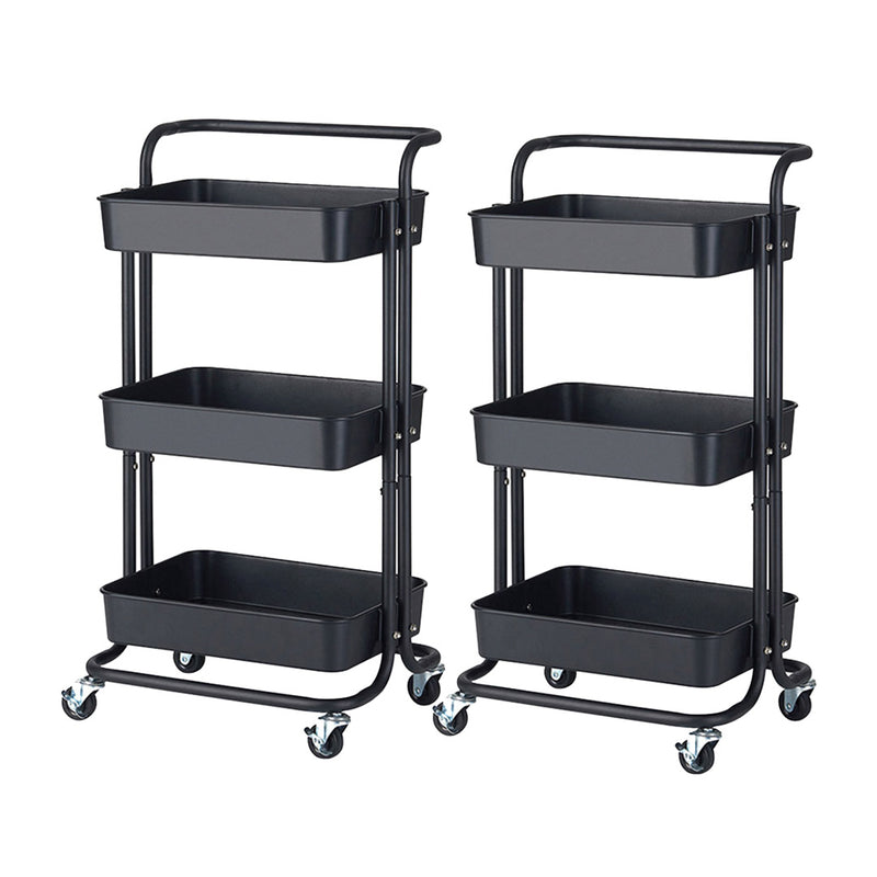 2X 3 Tier Steel Kitchen Cart Pvc Trays 42cm X 29cm X 87cm Black Locking Wheels