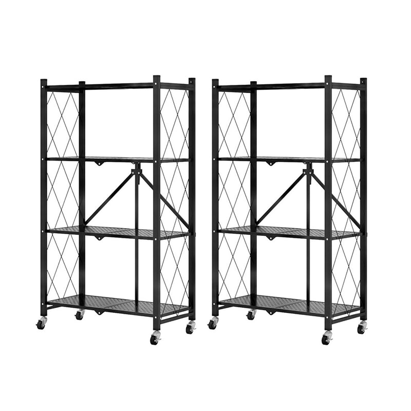 2X 4 Tier Carbon Steel Foldable Kitchen Cart Black Lockable Wheels