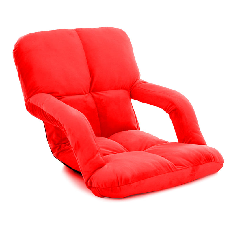 Foldable Floor Recliner Chair Adjustable Flannel Lounge with Armrest Red