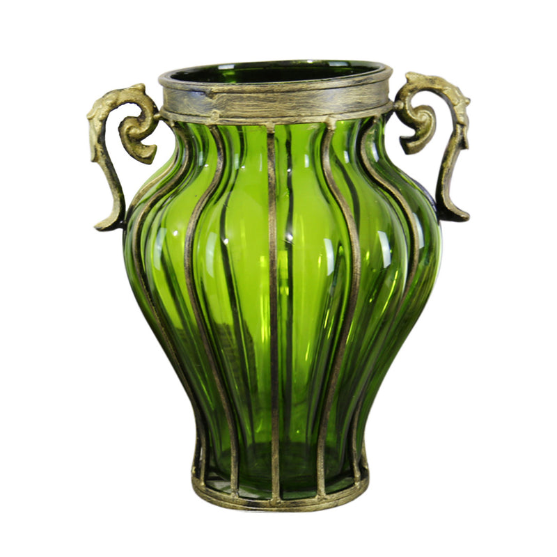 Green Glass Flower Vase European Style With Two Gold Metal Handles 25cm X 33cm
