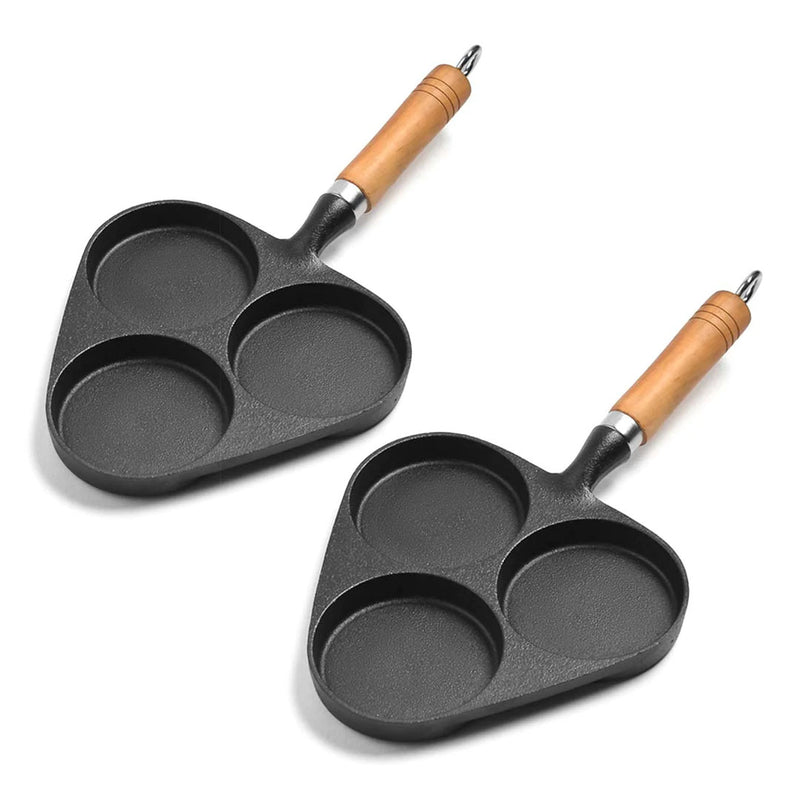 2X Cast Iron 3 Mold Omelette Pancake Fry Pan Non-Stick Wooden Handle Home Cooking