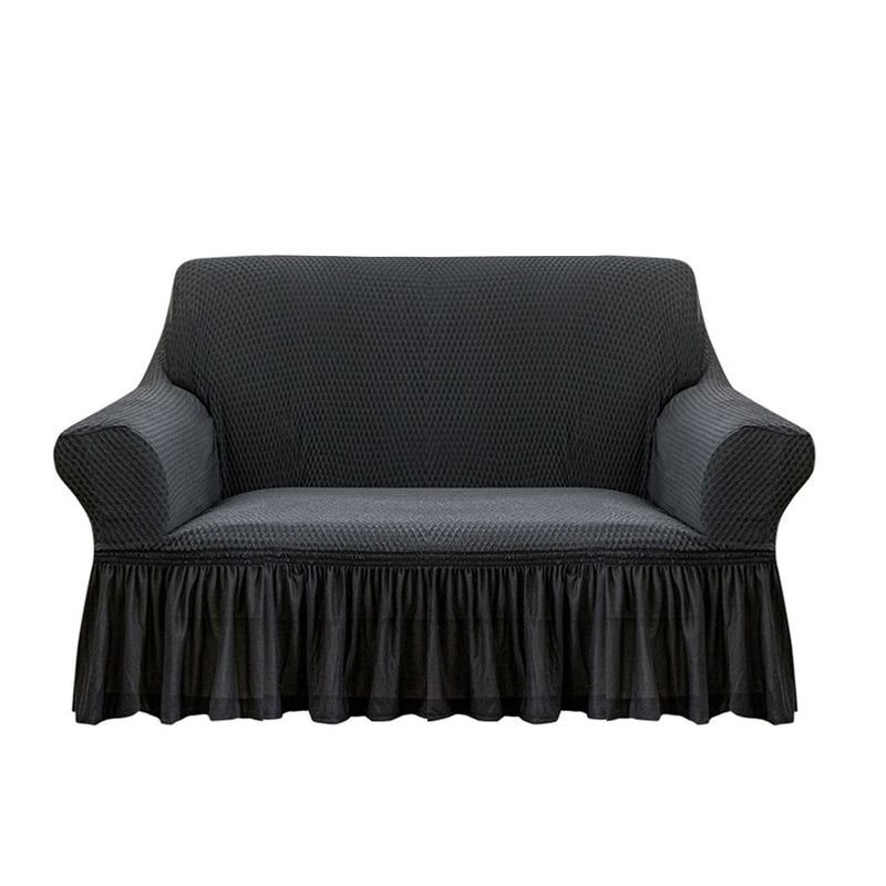 2-Seater Dark Grey Sofa Cover Polyester Ruffled Skirt Stretch Protector