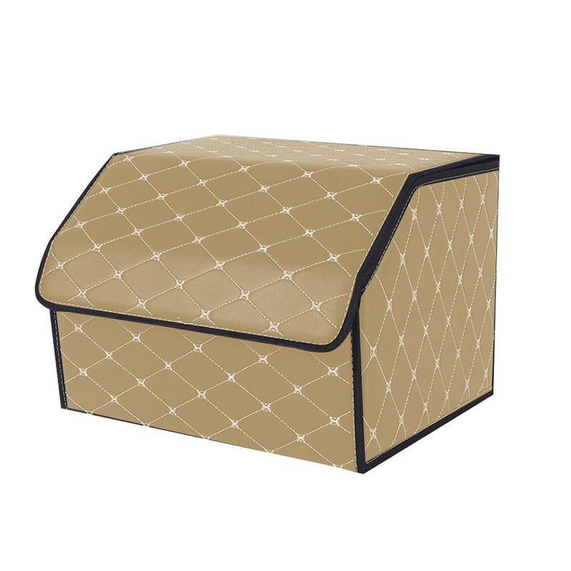 Car Boot Organizer Leather 40x30x30cm Collapsible Portable Beige Gold Stitch