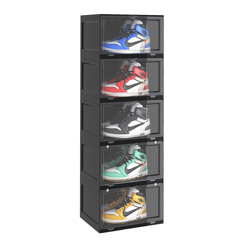 5 Tier Plastic Shoe Organiser Black Stackable Magnetic Door 35.9x28x110cm