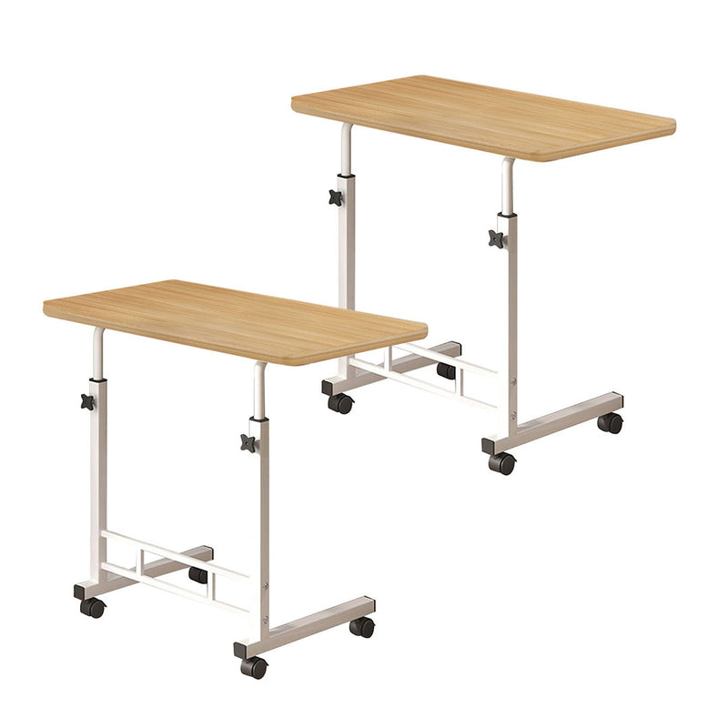 2X 40x80cm Walnut Wood Bedside Table With Wheels White Metal Frame