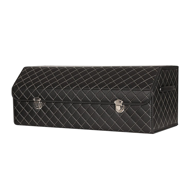 Leather Car Boot Organizer Black White Stitch Foldable Large With Lock 75cm