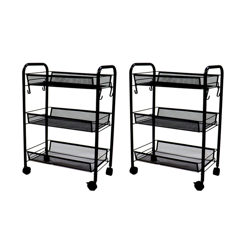 2X Black 3 Tier Steel Mesh Kitchen Cart Portable Storage Shelves with Wheels