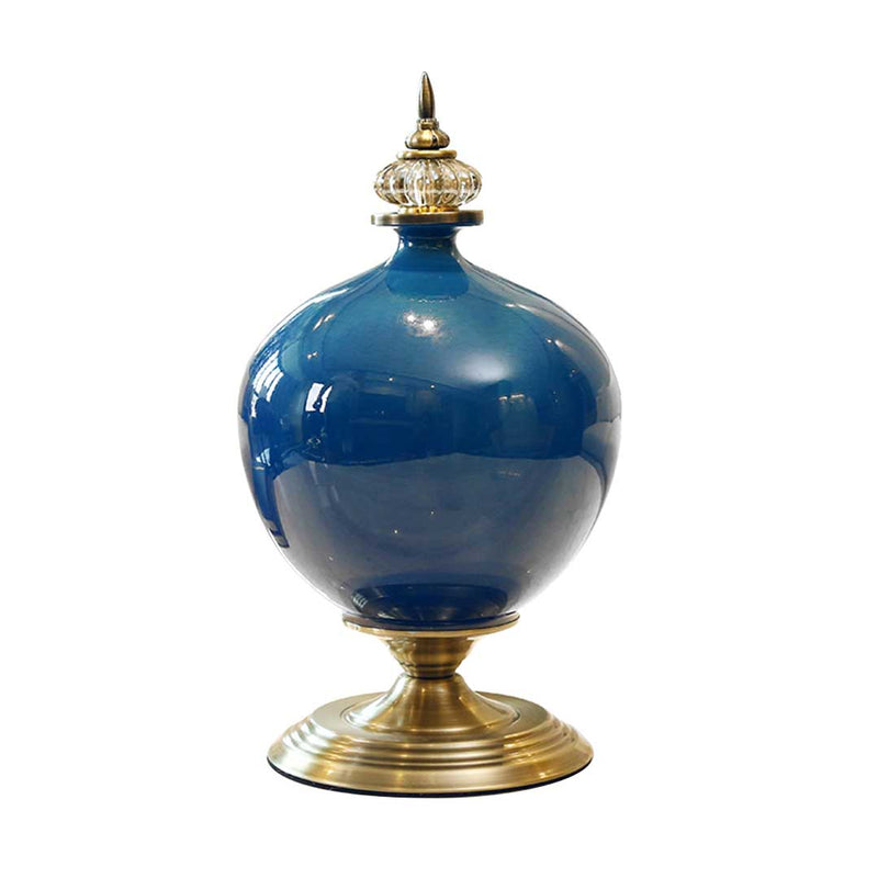 Ceramic Oval Flower Vase 38.5cm Gold Metal Base Dark Blue Home Decoration