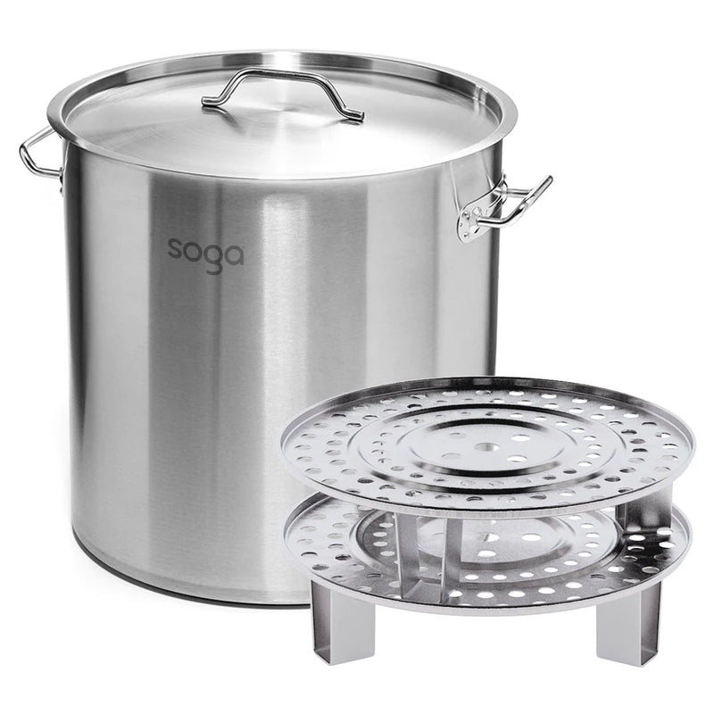 50L Stainless Steel Stock Pot 45cm With Two Steamer Inserts Commercial Grade