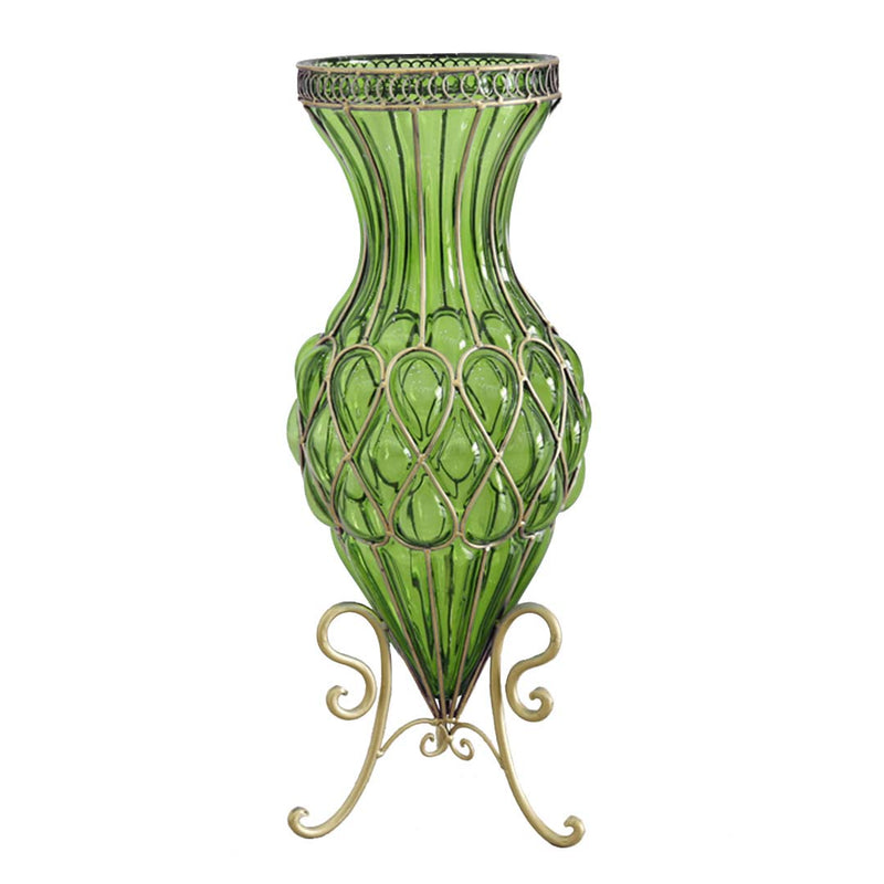 Glass Tall Floor Vase 27x22x67cm Green With Gold Metal Flower Stand