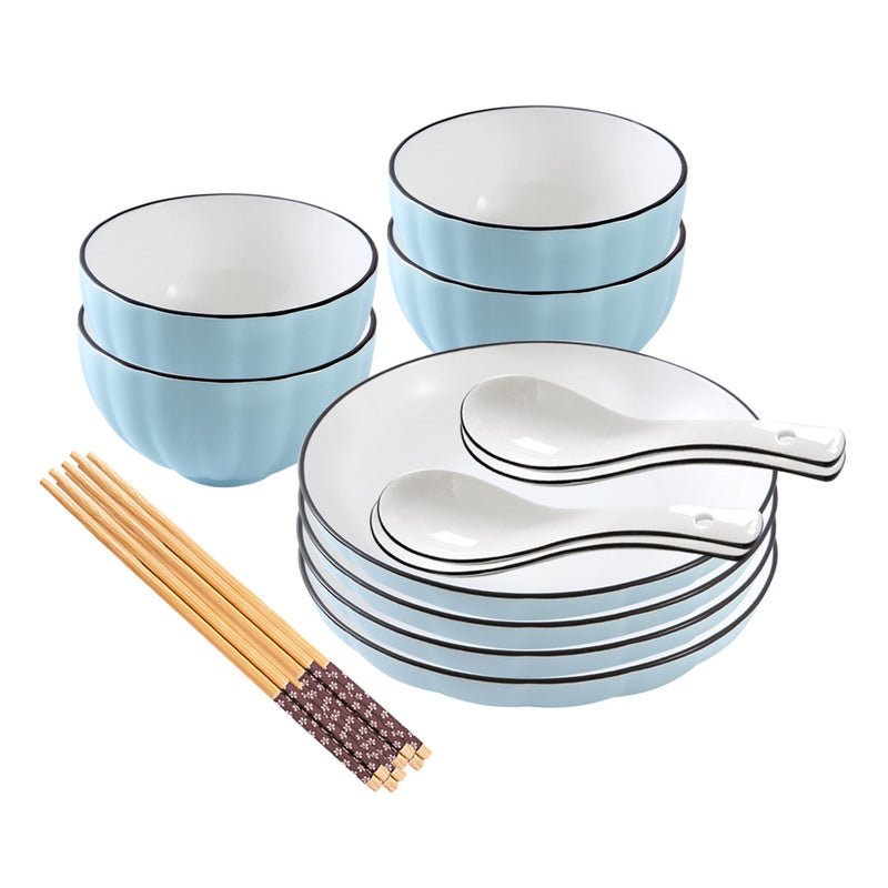 Japanese Style Blue Ceramic Dinnerware Set of 8 4.5 Inch Bowl 7.5 Inch Plate