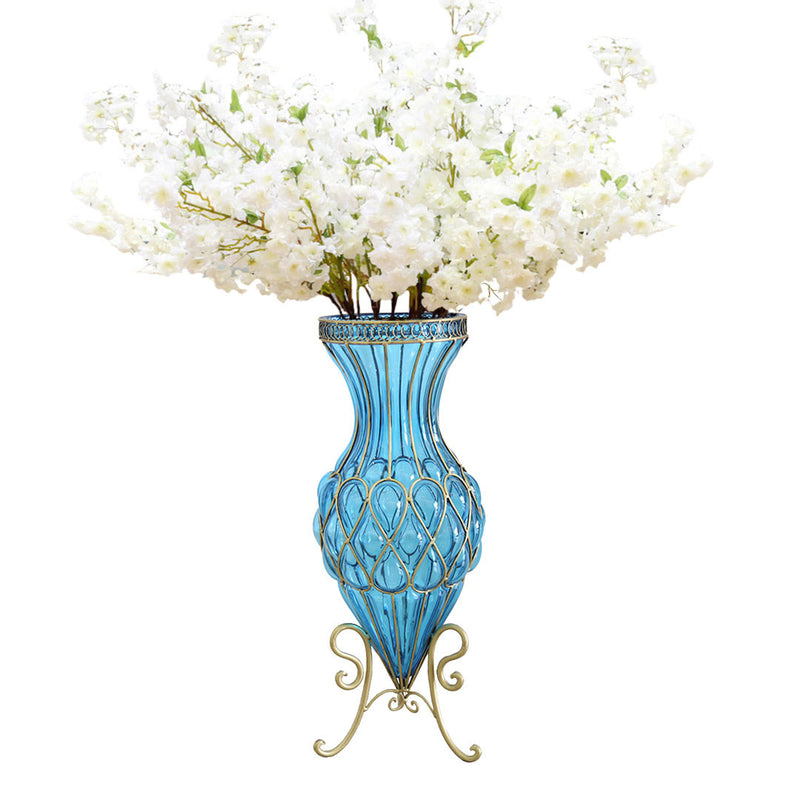 67cm Blue Glass Floor Vase Gold Metal Base 10pcs White Artificial Flowers