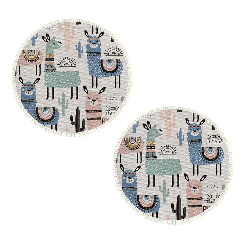 2X 120cm Round Polyester Area Rug Alpaca Cactus Pattern Colorful Non Slip