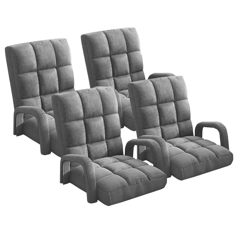 4X Foldable Adjustable Floor Lounge Recliner Chair Linen Grey With Armrest