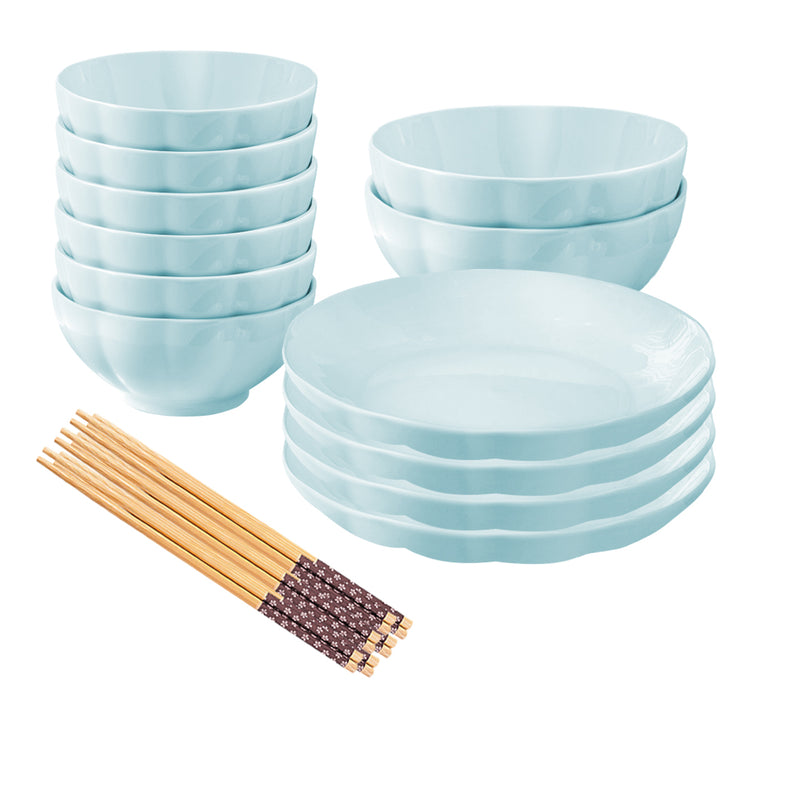 Light Blue Japanese Style Ceramic Dinnerware Set of 12 Bowls Plates Noodle