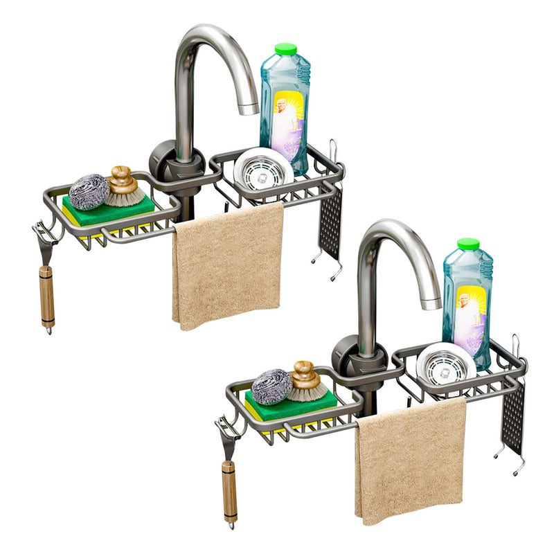2X Faucet Sink Organizer Aluminum 37.5x16x6.8cm Dark Grey Towel Bar