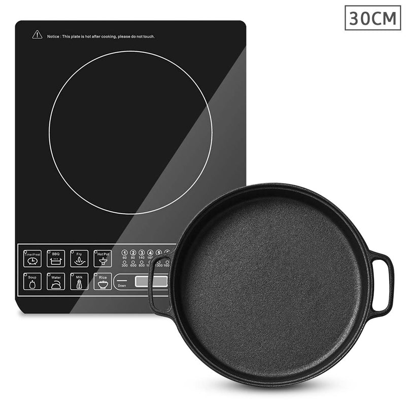 Induction Cooktop 2000W Portable 8 Temp 30cm Preseasoned Cast Iron Platter Black