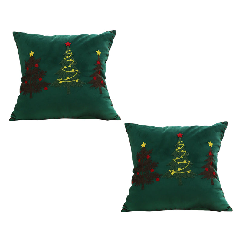 2X 45x45cm Plush Throw Pillow Green Embroidered Christmas Trees Square
