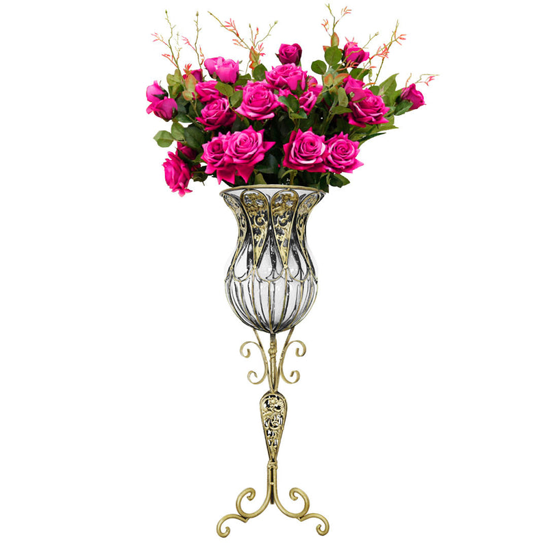 85cm Clear Glass Tall Floor Vase Gold Metal Accent With 12pcs Dark Pink Flowers