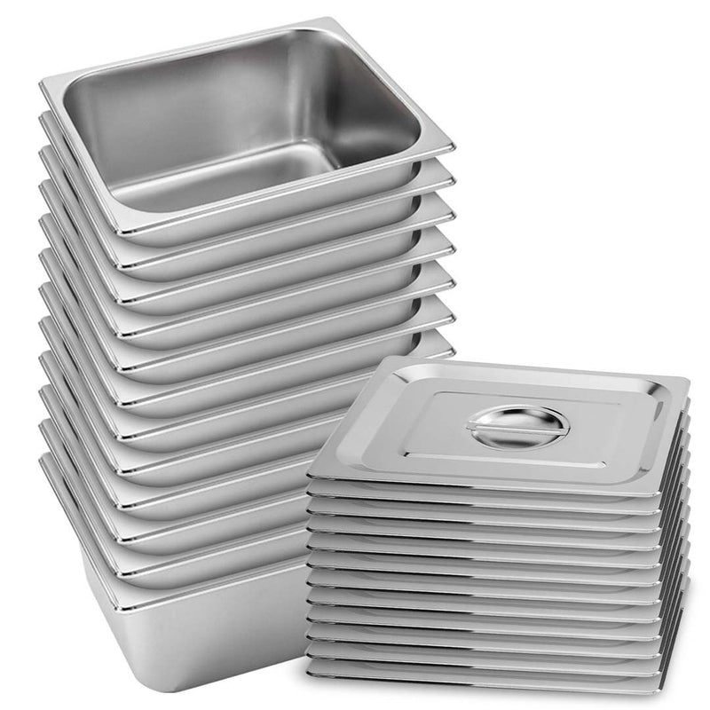 12X 1/2 Gastronorm Stainless Steel Pans 27cm x 33cm x 15cm With Lids
