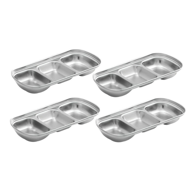 3 Compartment Stainless Steel 20.5cm Divided Sauce Dish Silver 4 Pieces