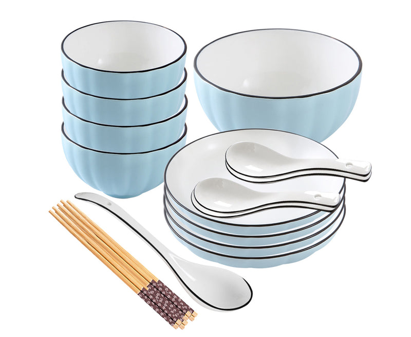 Blue Japanese Ceramic Dinnerware Set of 9 Stackable Bowls Plates Spoons