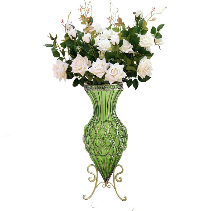 67cm Green Glass Floor Vase Gold Metal Accents 12pcs 85cm Artificial Flowers