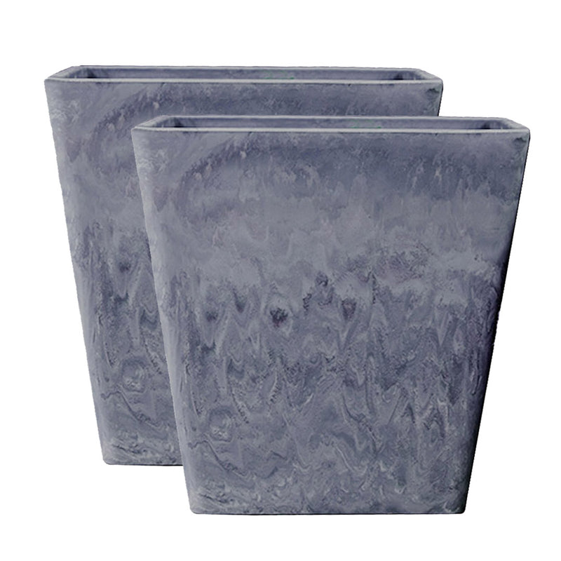 2X 27cm Square Poly Resin Tapered Planters Concrete Look Weathered Grey