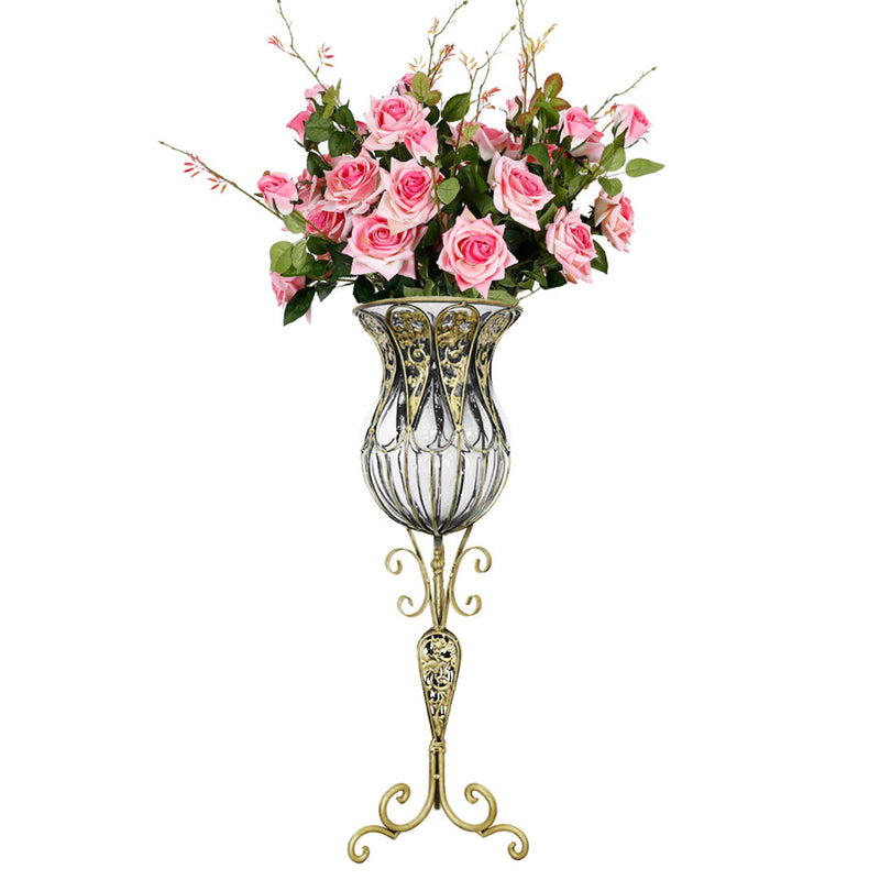 85cm Clear Glass And Gold Metal Floor Vase With 12pcs Pink Artificial Flowers