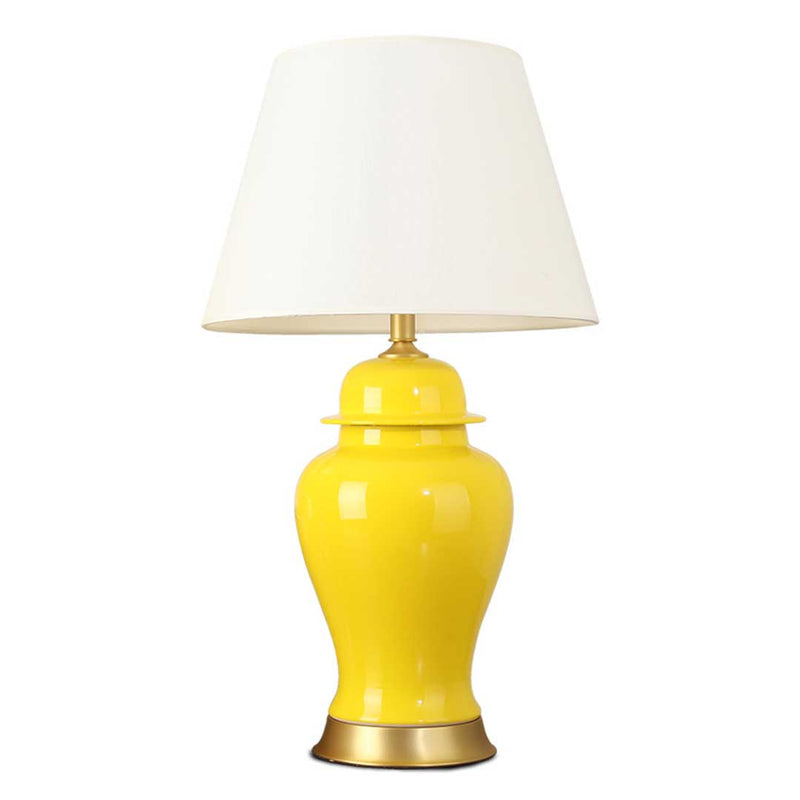 Oval Ceramic Table Lamp Gold Metal Base Drum Fabric Shade Yellow 60cm