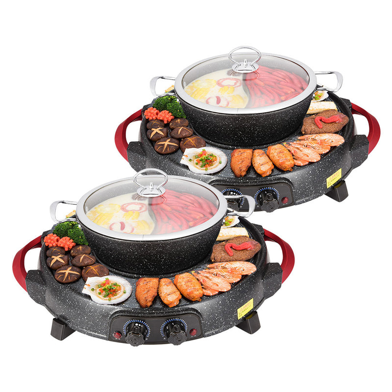 2X 2 In 1 Electric Stone Coated 47cm Grill And 27cm Two Division Hotpot Black