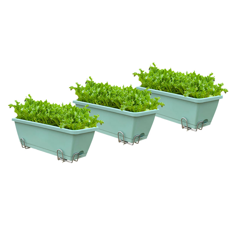 Green Rectangular Planter Set of 3 Plastic 49.5cm with Holder for Garden Balcony