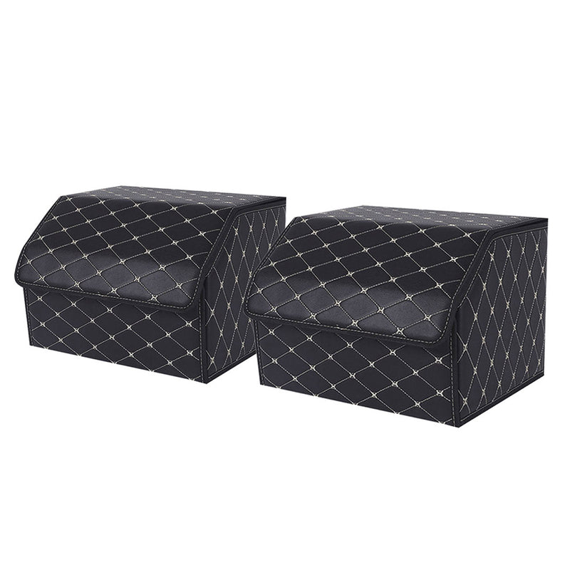 2X Leather Car Boot Organizer Medium Collapsible Foldable Black Gold Stitch