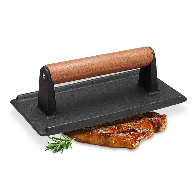 Cast Iron Meat Bacon Steak Press Grill BBQ Wood Handle Non-Stick 20cm 0.9kg