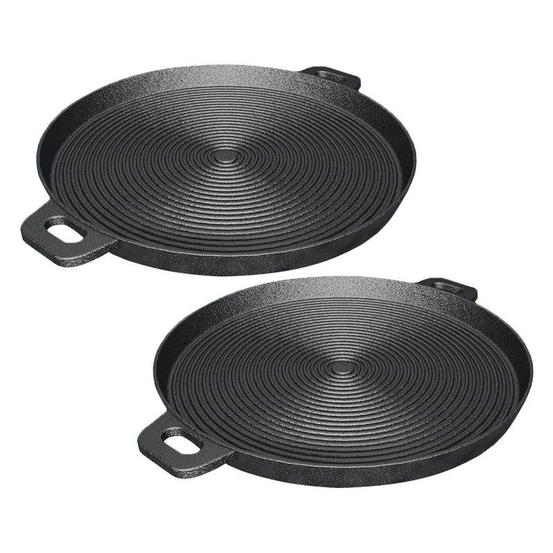2X 35cm Round Ribbed Cast Iron Frying Pan Skillet With Handle Pre-Seasoned