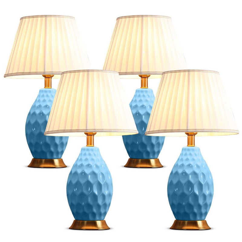 4X Textured Ceramic Oval Table Lamps Gold Metal Base Fabric Drum Shade Blue 55cm