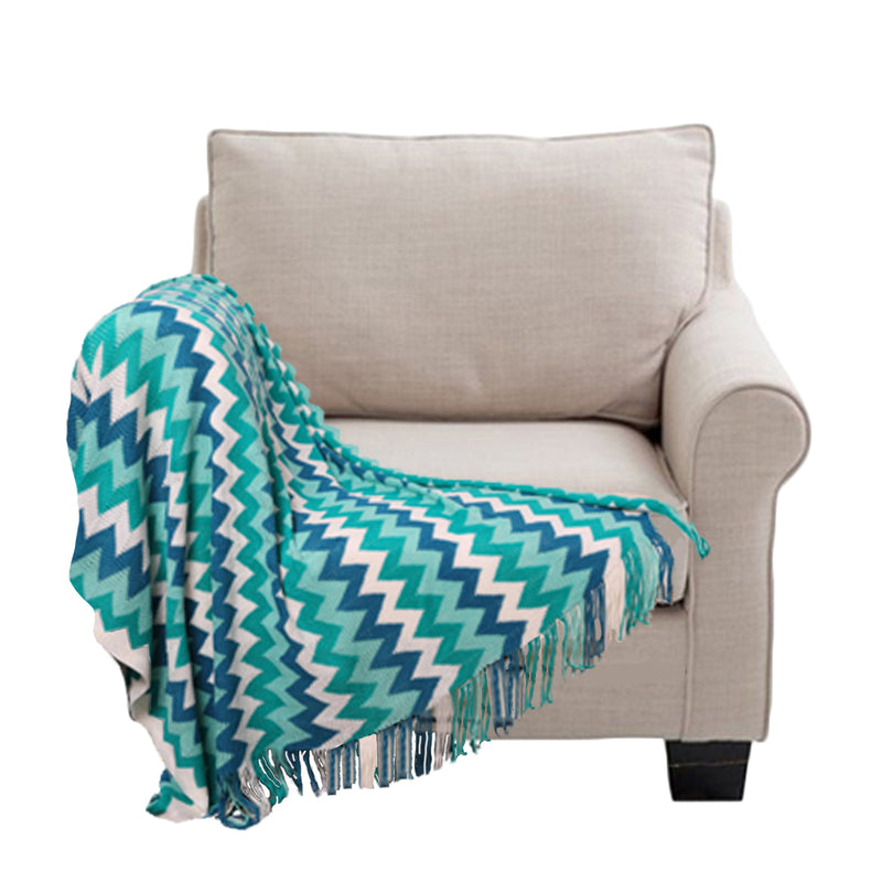 Zigzag Striped Acrylic Throw Blanket 130x170cm Knitted Fringed Blue Teal