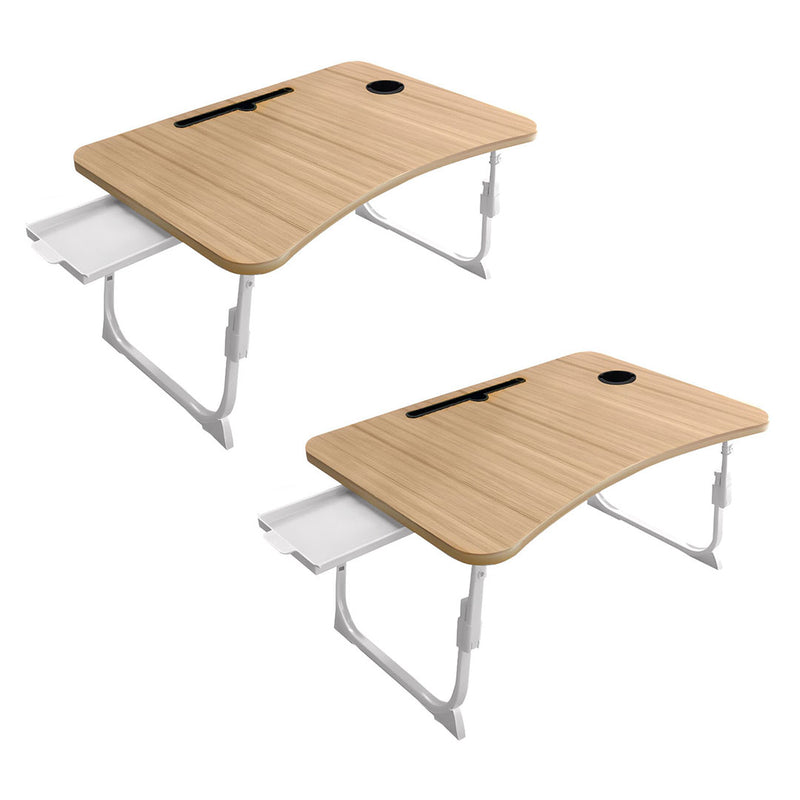 2X Oak Folding Bed Table Adjustable Portable Desk Stand With Cup Holder
