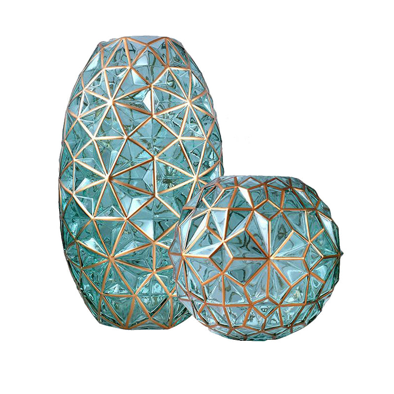 Green Glass Diamond Cut Flower Vase Large And Medium Set Gold Accent