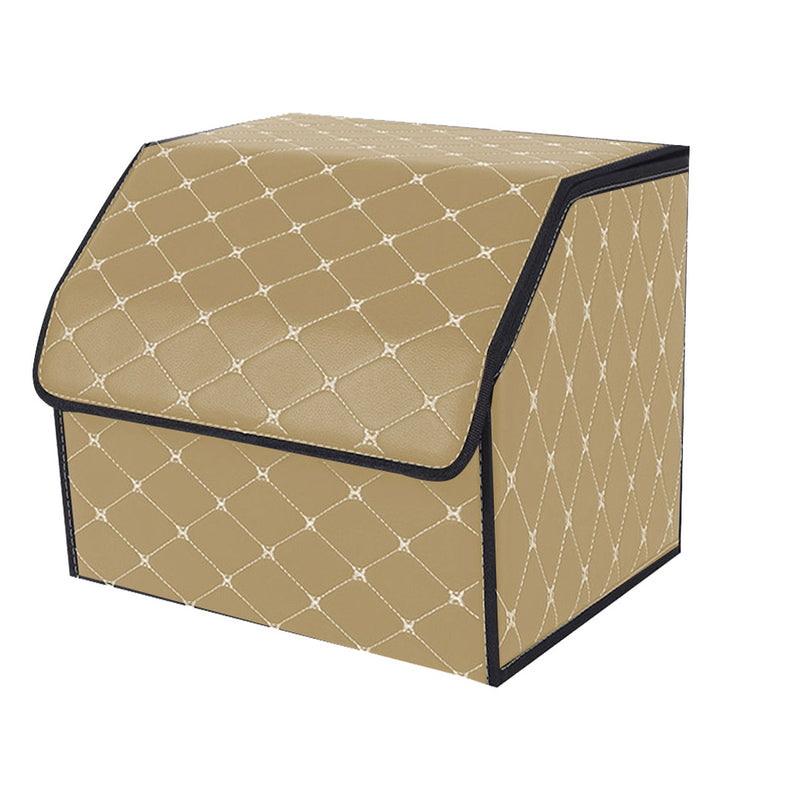 Leather Car Trunk Collapsible Storage Box 30x30x30Cm Beige Gold Stitch
