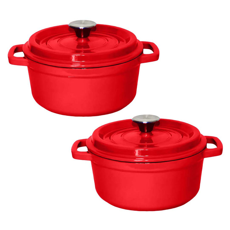 2X Cast Iron Enamel 24cm Casserole Stewpot With Lid Red Dishwasher Safe