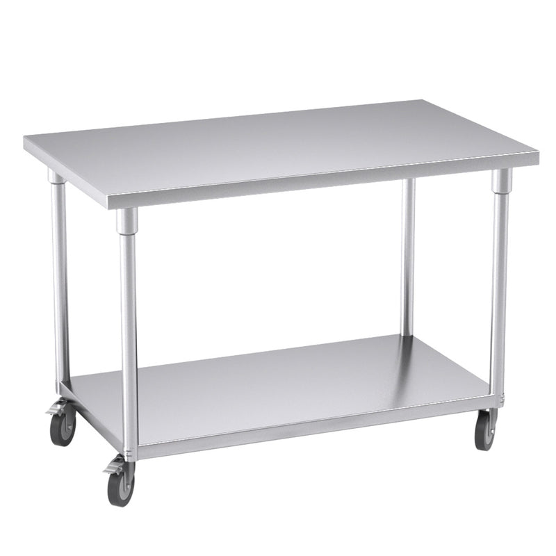 Stainless Steel Catering Workbench 120cm with Wheels and Storage Shelf